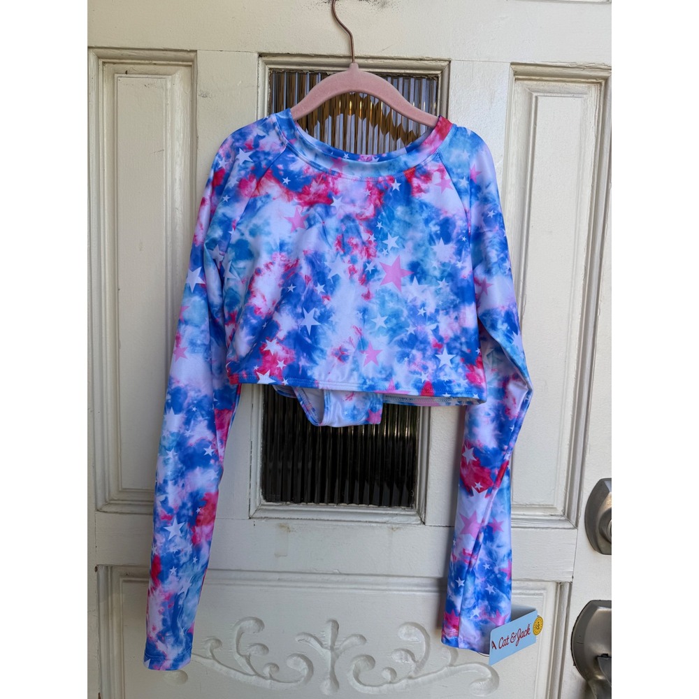 Cat & Jack Tie Dye Star Long Sleeve Rash Guard Swimsuit 2pc Set Girls Size XL 14